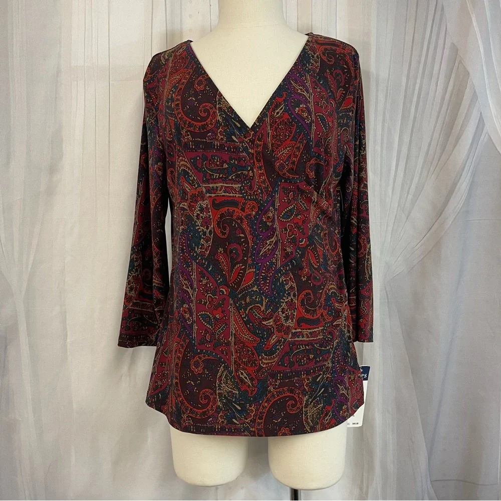Chaps Multicolor Paisley V-Neck Blouse Vibrant Design Office Business Top Tunic - Picture 1 of 8